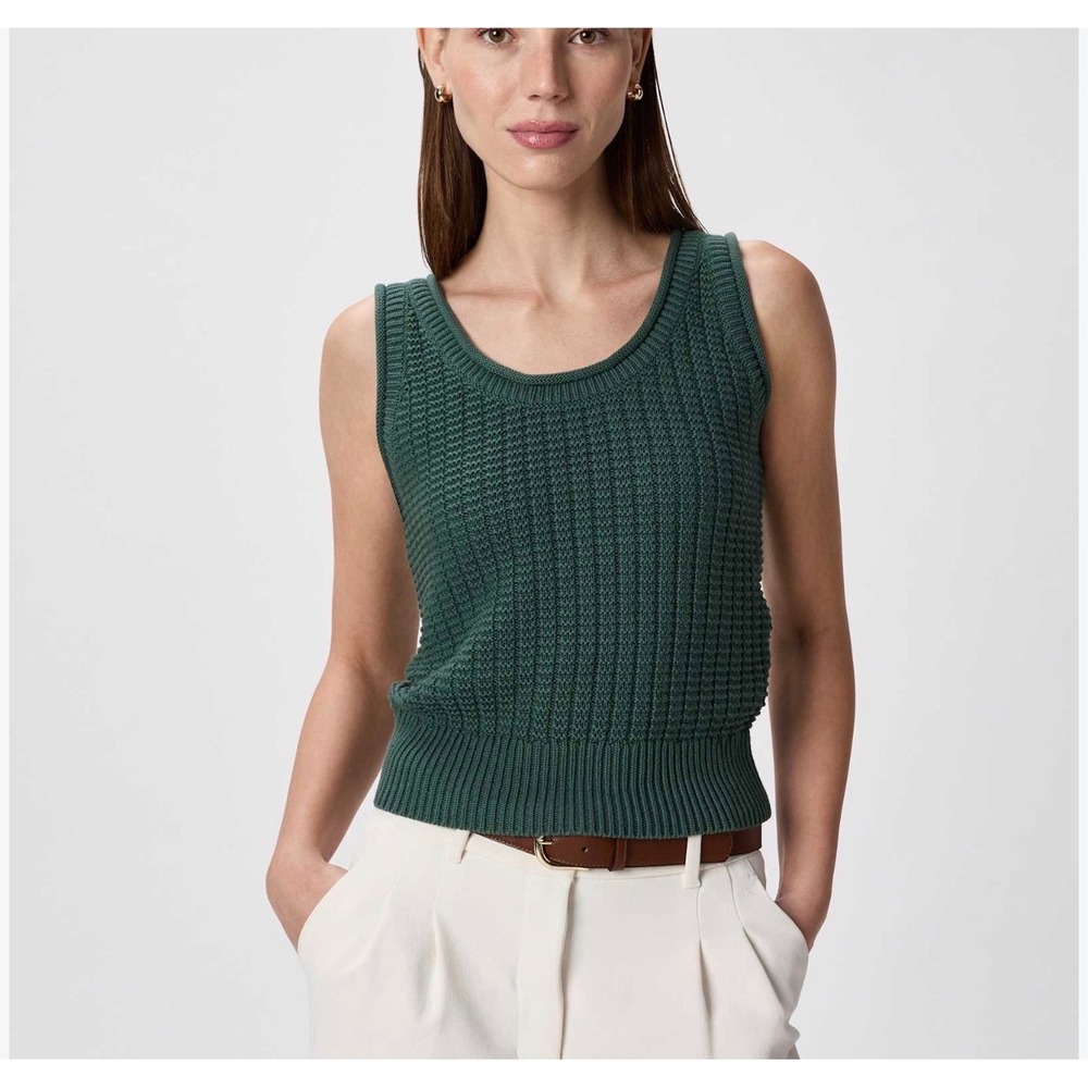 NWT Quince Waffle Knit Sweater Vest Forest Green Scoop Neck Ribbed Hem Sz Medium